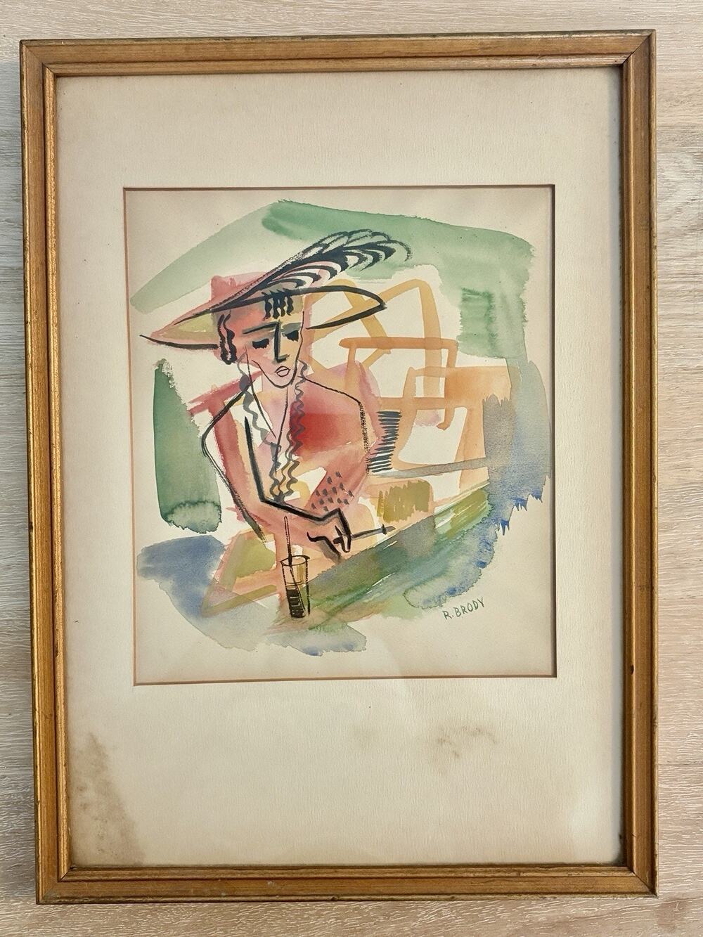 Vintage R. Brody Original Watercolor Painting Cubism Expressionist Lady Portrait